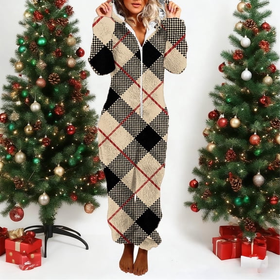 Adult Onesie Pajamas Plus Size New Women Print Long Sleeve Hooded Jumpsuit Pajamas Casual Winter Warm Romper Sleepwear Style B-31 Khaki S