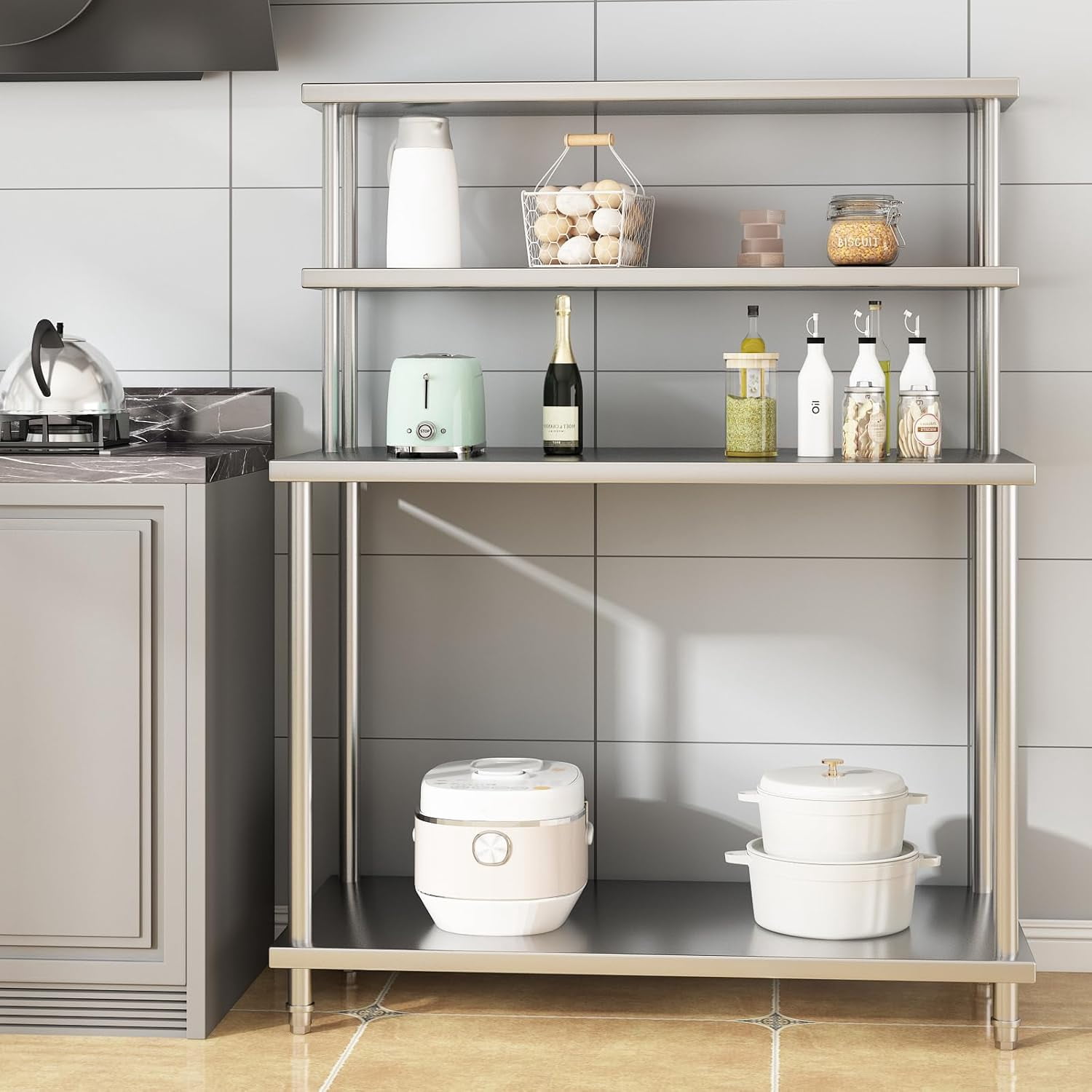 Stainless Steel Double Overshelf, Commercial 2-Tier Adjustable Shelves, Double Deck Overshelf for Prep & Work Table In Restaurant, Kitchen and Home, 48" x 24"