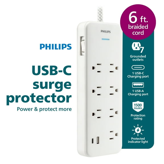 Philips 6-ft 7-Outlet Surge Protector, 1 USB-a, 1 USB-C, 15W, 1500J, Braided Cord, White
