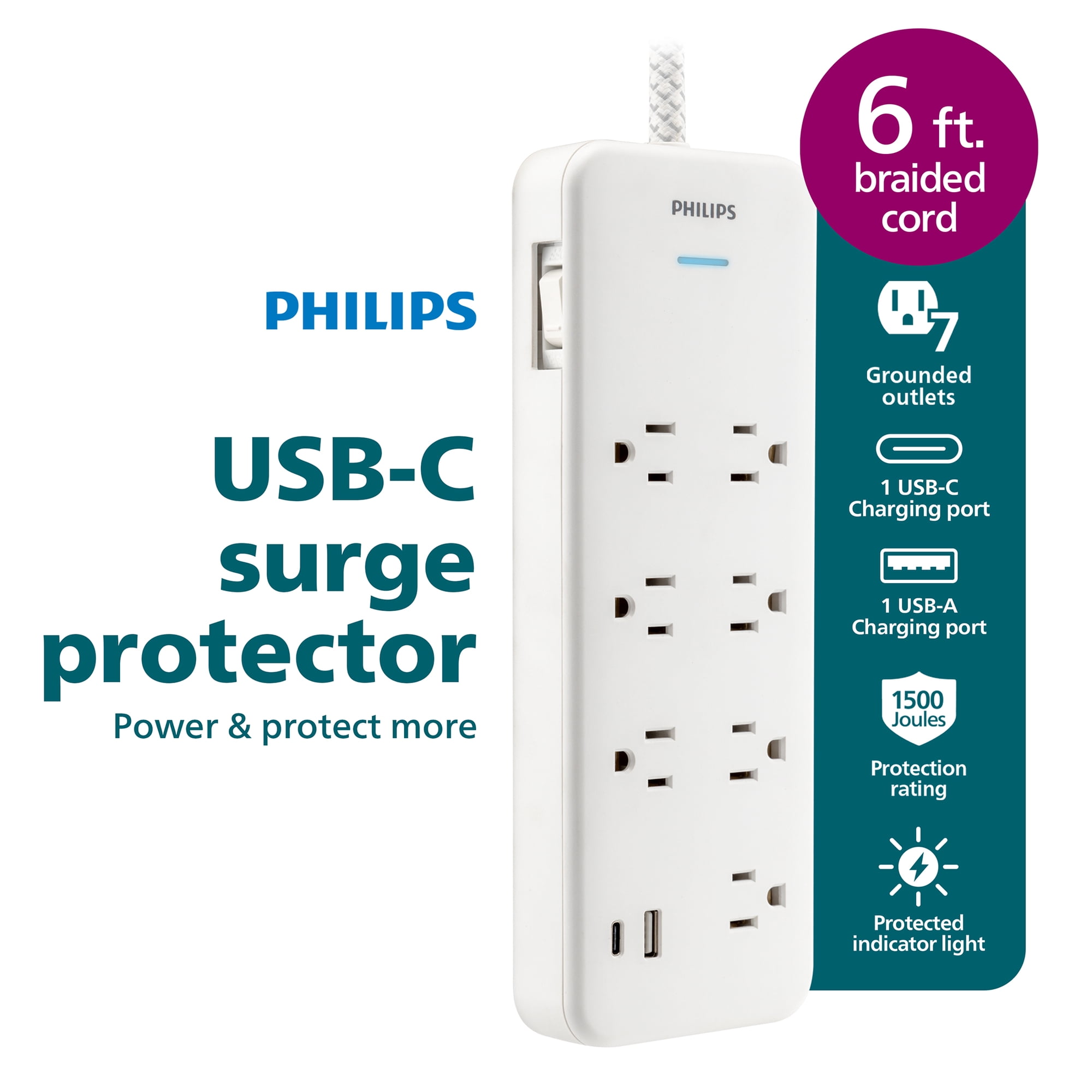 Philips 6-ft 7-Outlet Surge Protector, 1 USB-A, 1 USB-C, 15W, 1500 Joules, Braided Cord, White