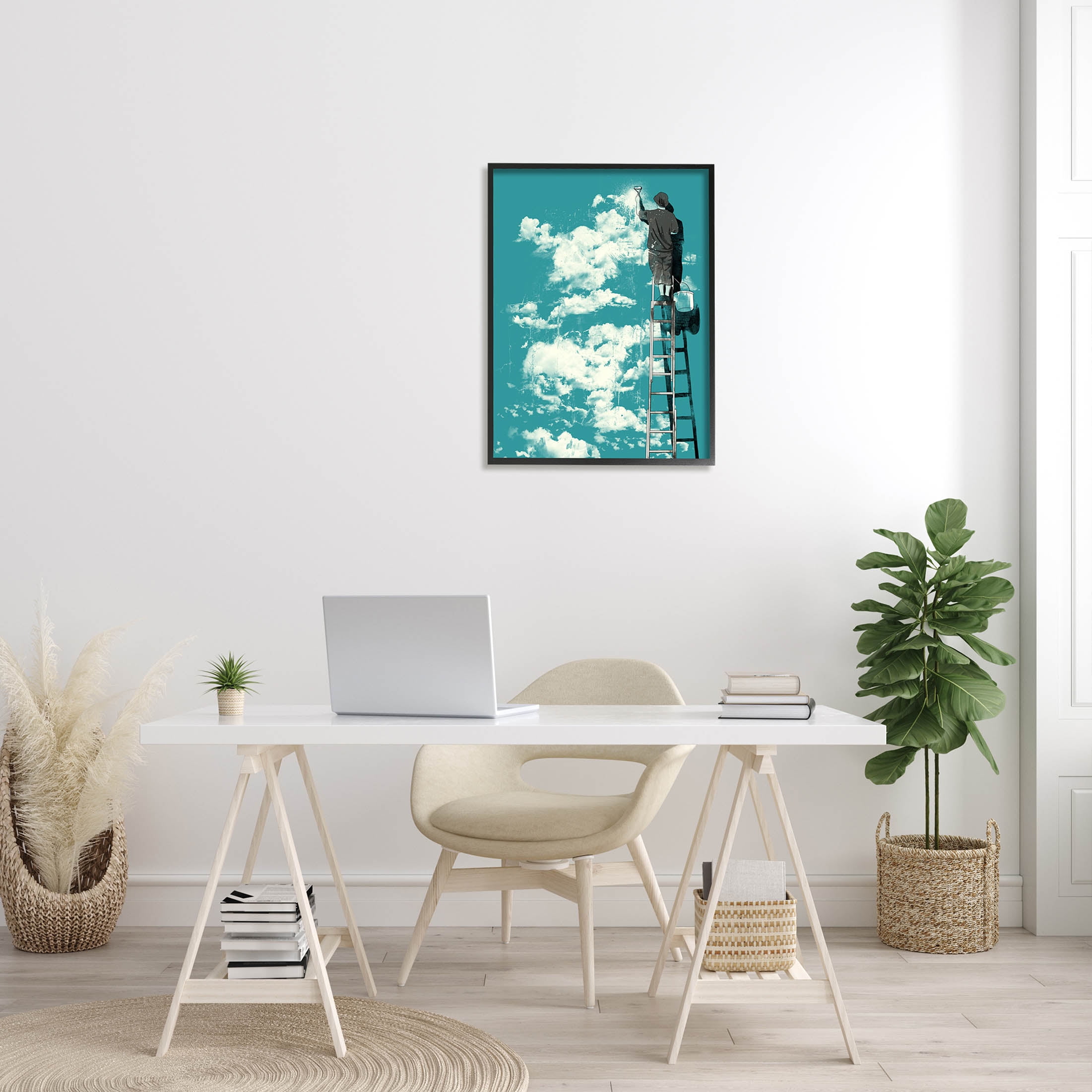 Stupell Industries Painter On Ladder Conceptual Clouds Graphic Art Black Framed Art Print Wall Art, Design by Matheus Lopes Castro