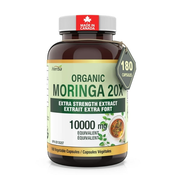Herba Capsules de Moringa Biologiques 10 000 Mg – 180 Unités / Ultra Puissantes - Extrait 20:1 / Fabriqué au Canada