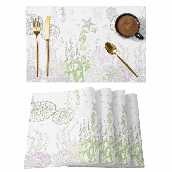 Coastal Sage Green Placemats Set of 8, Ocean Coral Starfish Jellyfish Placemats for Dining Table, Place Mats for Kitchen Tabletop, Waterproof Wipeable Dining Table Mats Set