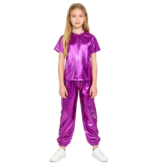 Xnihocha Kids Girls Metallic Jazz Dance Outfit Short Sleeve Sparkly T-shirt and Pants Shiny Hip Hop Dancewear Purple 180