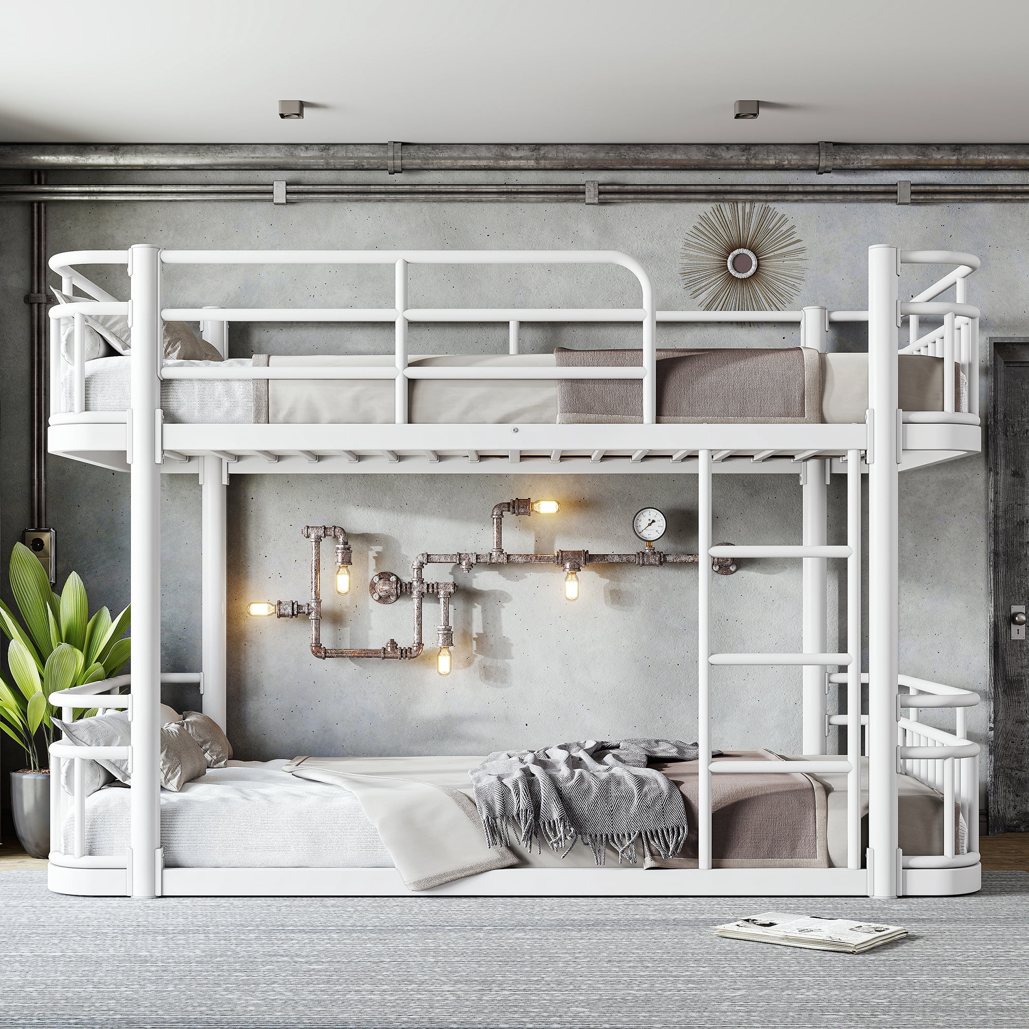 Twin XL Over Twin XL Bunk Bed 81.5 Inch, Metal Bed Frame with Ladder and Guardrails for Teens Adults, Sturdy Round Pipe Construction, No Box Spring Needed, White