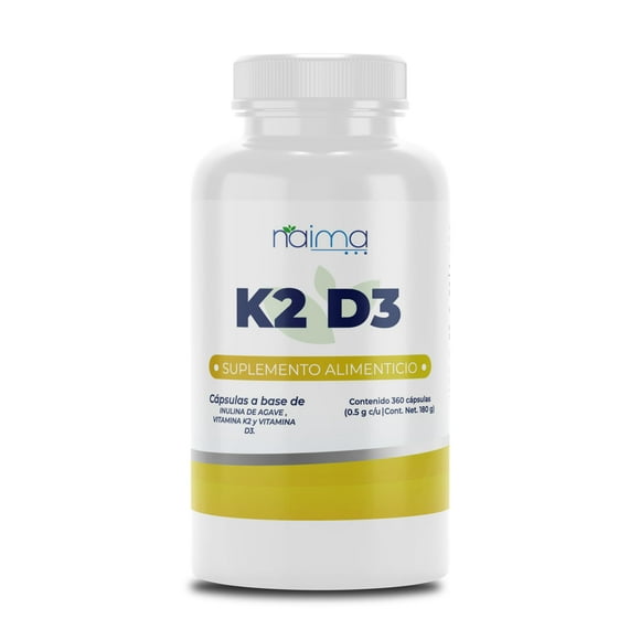 NAIMA K2 D3, 360 Cápsulas | Suplemento Alimenticio 100% Puro y Natural a Base de Vitamina K2 y Vitamina D3 | Apoyo a Huesos Fuertes, Absorción de Calcio | Sin Aditivos ni Rellenos