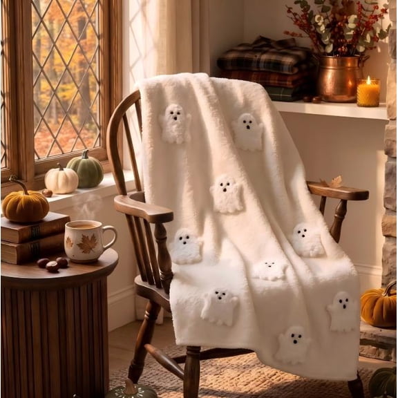 Halloween Throw Blanket with Cute Spooky Embroidery, Cozy Soft Warm Fall Throw for Couch Bedroom Living Room, Ideal Gift Home Decorative Accent,Multicolor,100x70cm / 39.4x27.6in