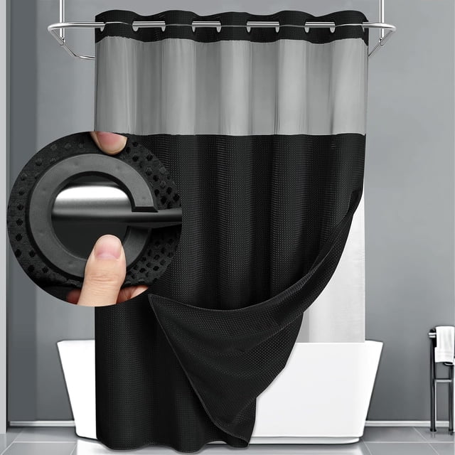 Cortina de Baño sin Gancho con Forro a Presión 183x190cm, Cortina de Ducha Tipo Gofre, Cortina Regadera Antimoho y Impermeable, Duradero, Fácil de Instalar, para Hogar, Hotel, Ducha