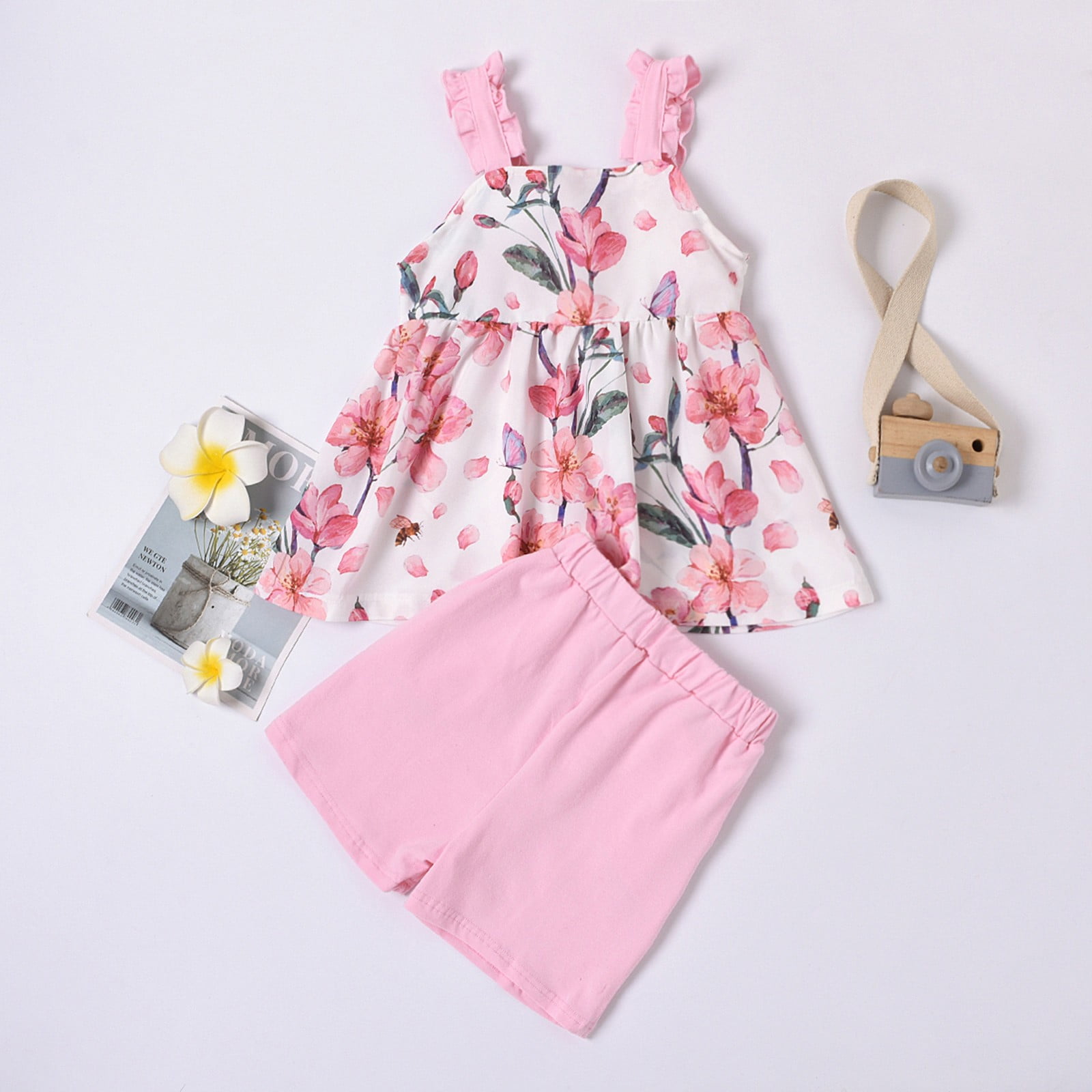 2pcs Baby Girl Pink Floral Print Ruffle Long-sleeve Top and Denim Ripped Jeans Set