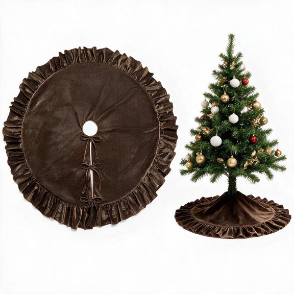 1 Pack Dark Brown Velvet Christmas Tree Skirt 48 Inch, Ruffled Xmas Tree Skirt with Self‑Tie Bow for Christmas Tree Base Farmhouse Holiday Home Decoration