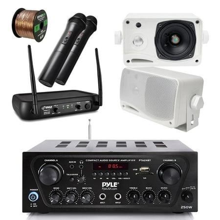 50ft Roll Transparency Pyle Wireless Bluetooth Stereo Receiver Amplifier, Dual Channel VHF Wireless Microphone System, 2X Pyle 3.5'' 200 Watt 3-Way Weather Proof Box Speakers - White, 50Ft Speaker Wire - PA, Karaoke, DJ ()