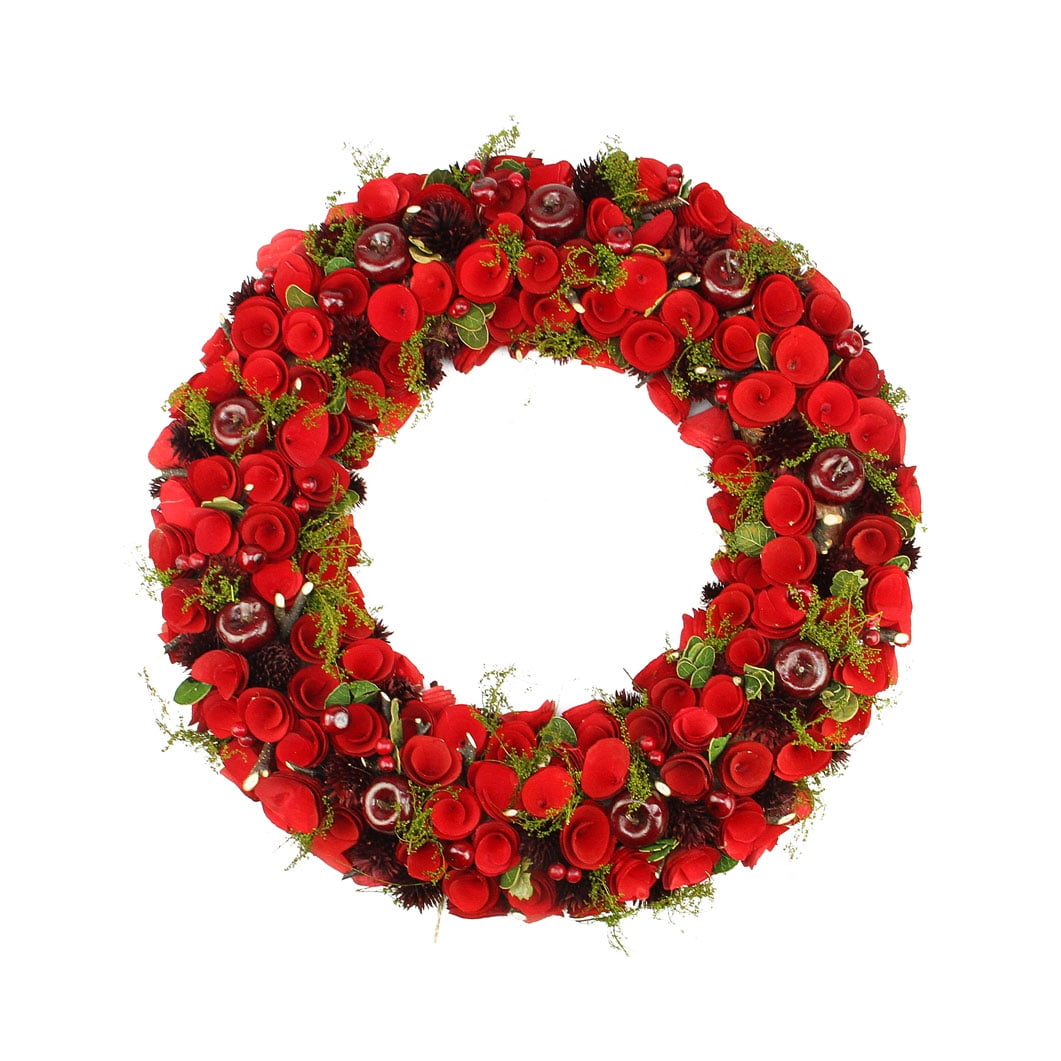 20&quot; Red Wooden Rose and Berry Artificial Christmas Wreath - Unlit