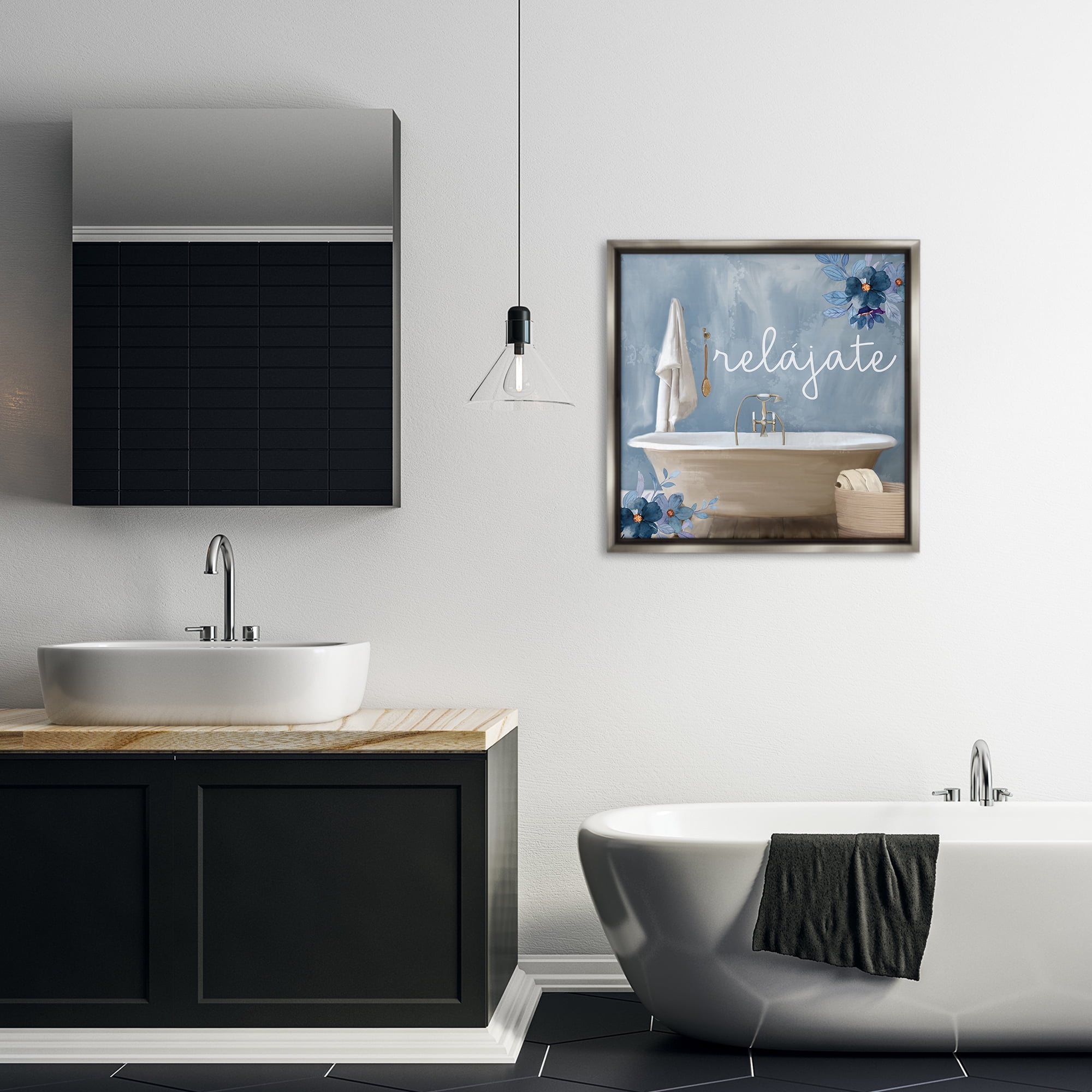 Stupell Industries Relájate con Baño Floral Bath & Laundry Painting Gray Floater Framed Art Print Wall Art, 25 x 25