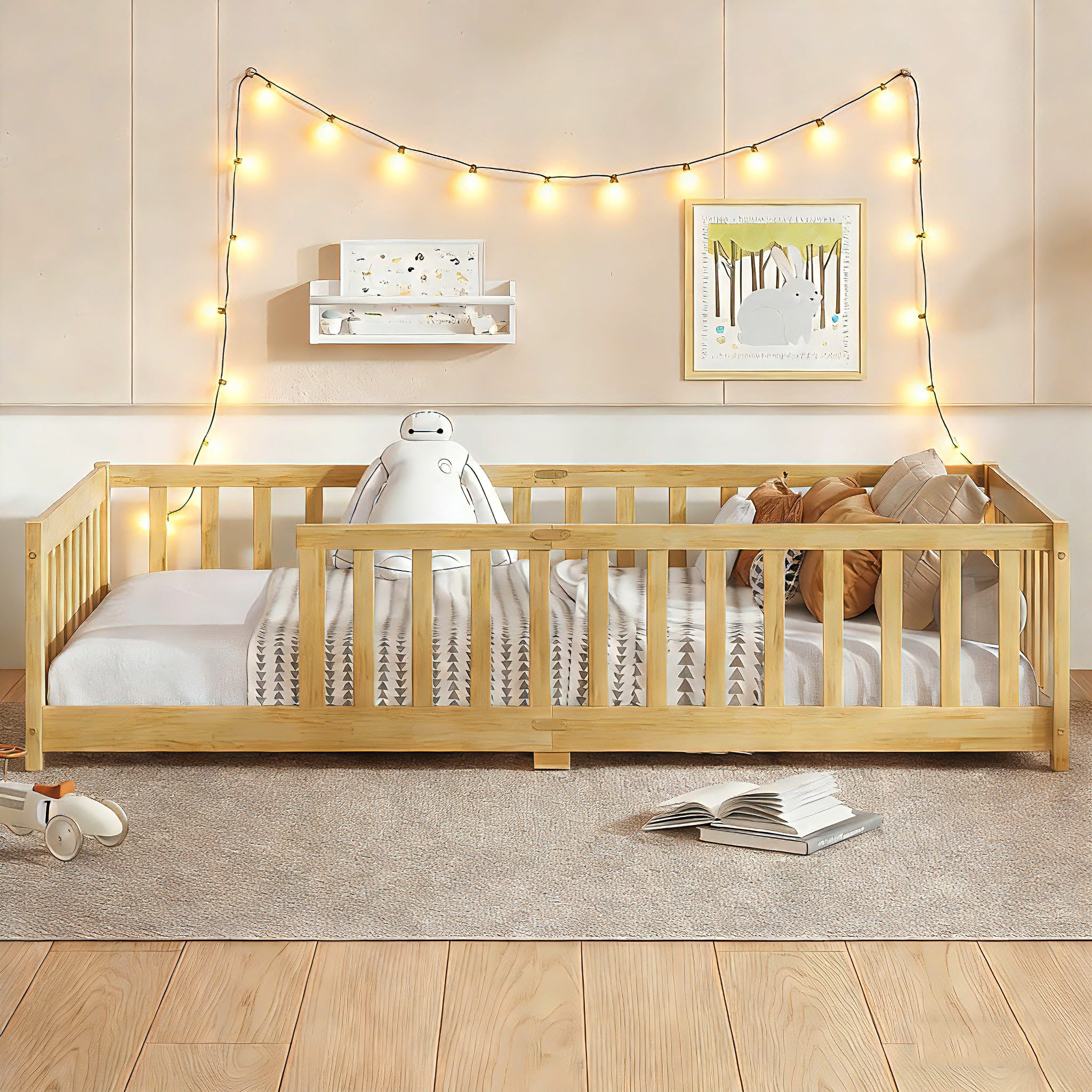 Bellemave Twin Size Floor Beds, Wood Montessori Bed with Fence Railings & Support Slats, No Box Spring Needed (Natural）
