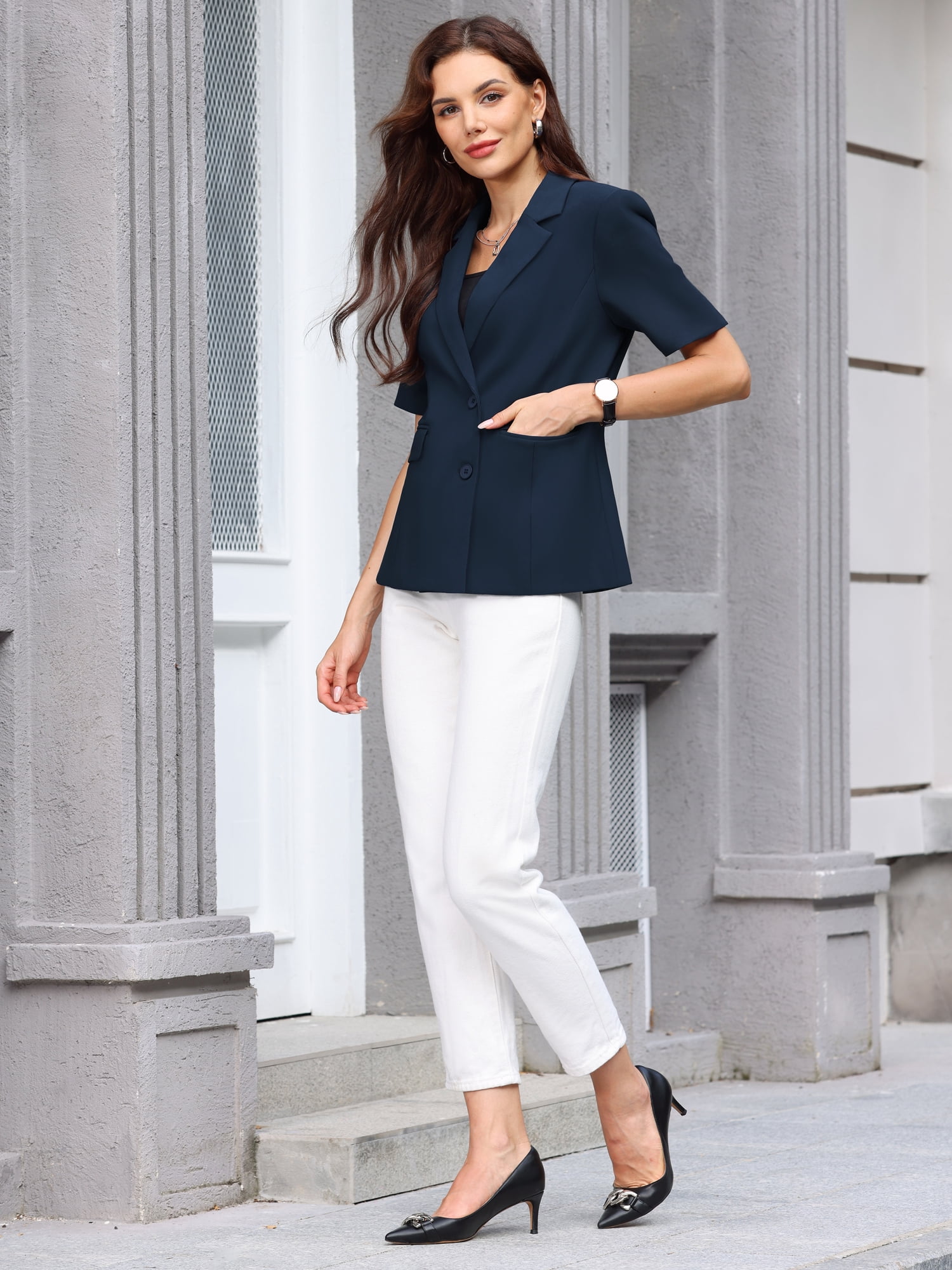 DARING DIVA Women's Summer Short Sleeve Blazer with Pockets S Navy Blue