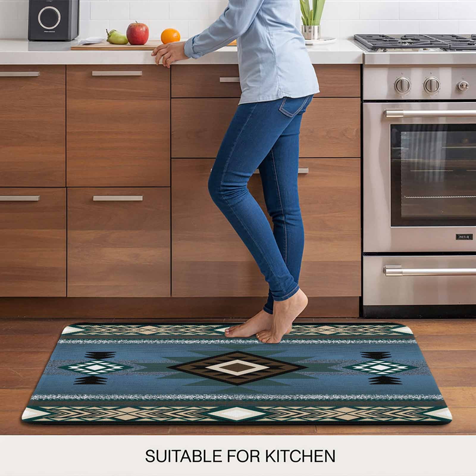 Blue Southwest Doormat Outdoor Entrance 18"x30", Farmhouse Boho Aztec Abstract Geometric Absorb Moisture Dirt Door Mats, Non-Slip Rubber Backing Floor Mats Indoor, Low-Profile Front Door Rugs
