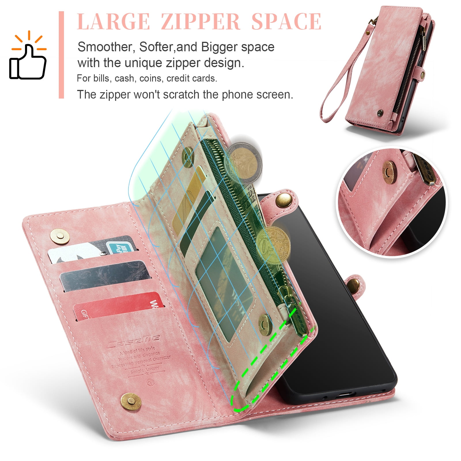 Feishell Durable 2-In-1 Magnetic Detachable Wallet Case for Samsung Galaxy S20+,for Women Men,Premium PU Leather Zipper Pocket Flip Multi Card Slots Purse Phone Case with Wrist Strap,Pink
