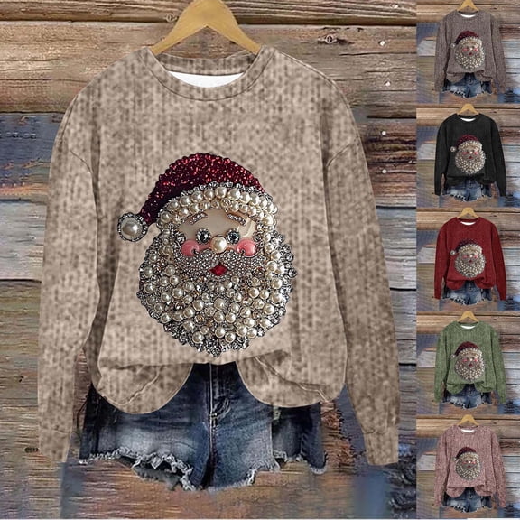 Kilaqueen Pearl Santa Graphic Womens Crewneck Sweatshirts Dressy Trendy Long Sleeve Rhinestone Sweatshirt Holidays Tunic Tops Fall Pullover Blouses