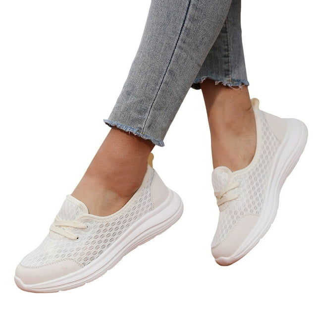 Dakaela Chaussures de Marche pour Femmes à Enfiler en Maille Espadrilles de Course Décontractées Confortables Ballerines de Travail Blanches 8