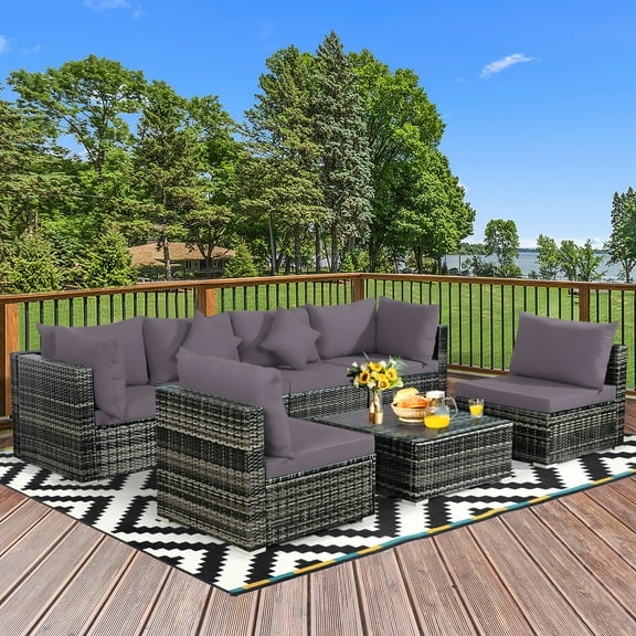 Gymax 7PCS PE Rattan Patio Sectional Sofa Conversation Set w/ Grey Cushions