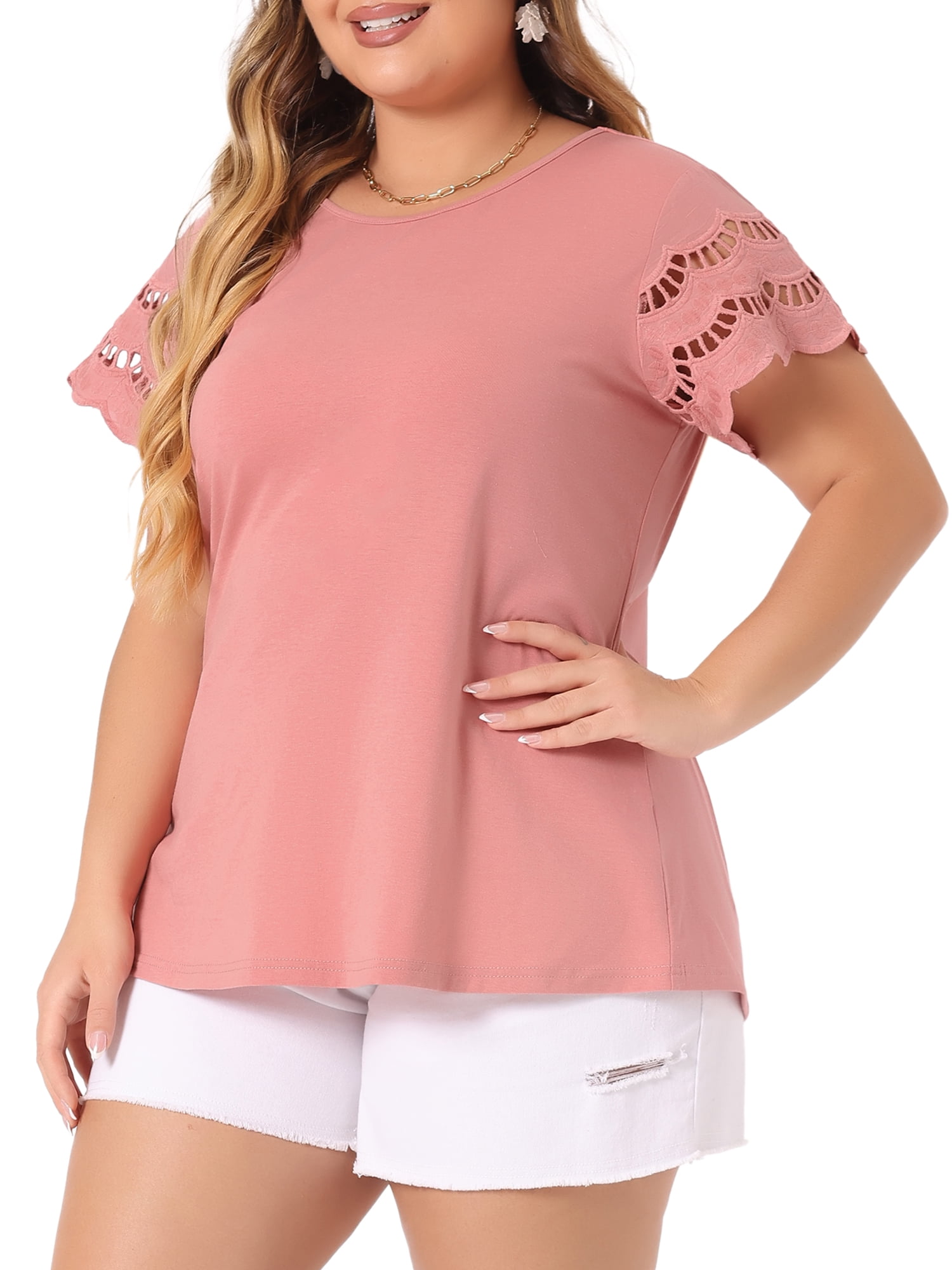 DARING DIVA Women's Plus Size Round Neck Lace Panel Blouses 2X Pink