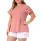 thumbnail image 4 of Agnes Orinda Blusas de verano para mujer de talla grande con panel de encaje y mangas cortas huecas 3X Rosa, 4 of 6
