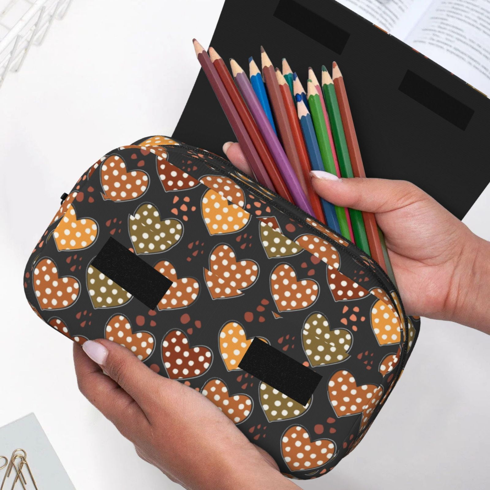 Rateoe Heart Pattern Double Clamshell Pen Case, Storage Organizer with Two Zipper Compartments– Holds Up to 50 Pencils & Pens