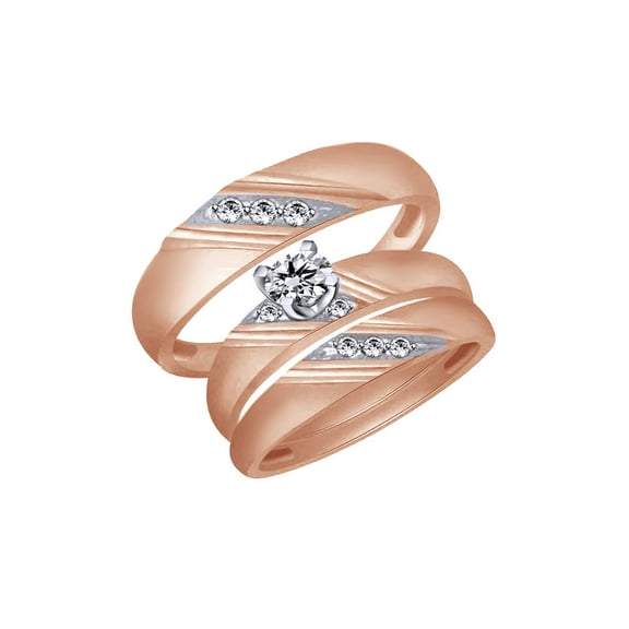 AFFY White Natural Diamond Accent Wedding & Engagement Trio Band Ring Set In 10k Rose Gold (0.07 Cttw)
