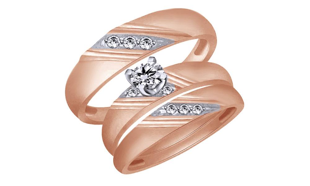 AFFY White Natural Diamond Accent Wedding & Engagement Trio Band Ring Set In 10k Rose Gold (0.07 Cttw)