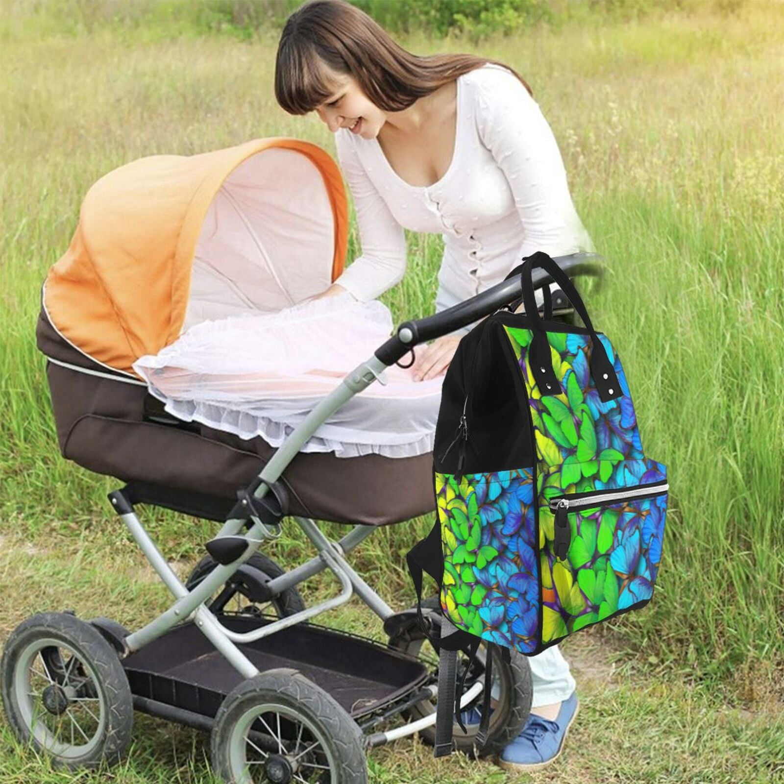 Ratiio Multicolored Butterflies Mummy Backpack - Waterproof Twill Canvas, Large Capacity Diaper Bag with Multiple Pockets and Adjustable Straps