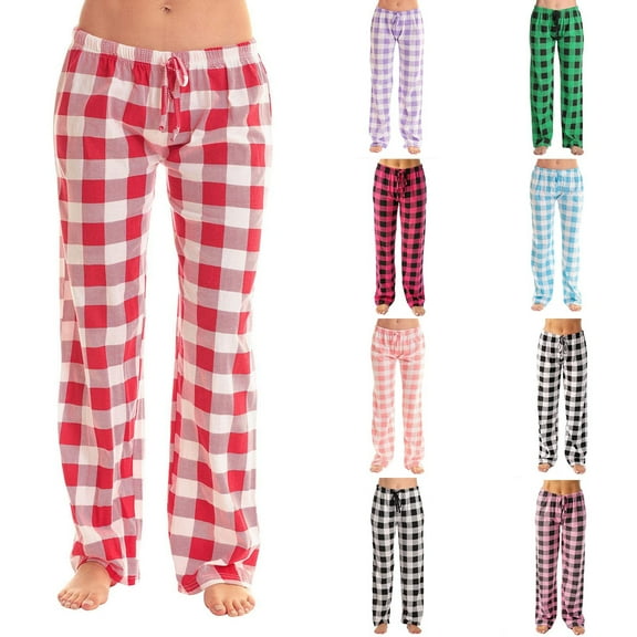 Wiicoznt Pajama Pants for Women Checkered Print Elastic Waist Pajama Bottoms Casual Comfy Loose Sleepwear Plus Size Full Length Pants with Pockets
