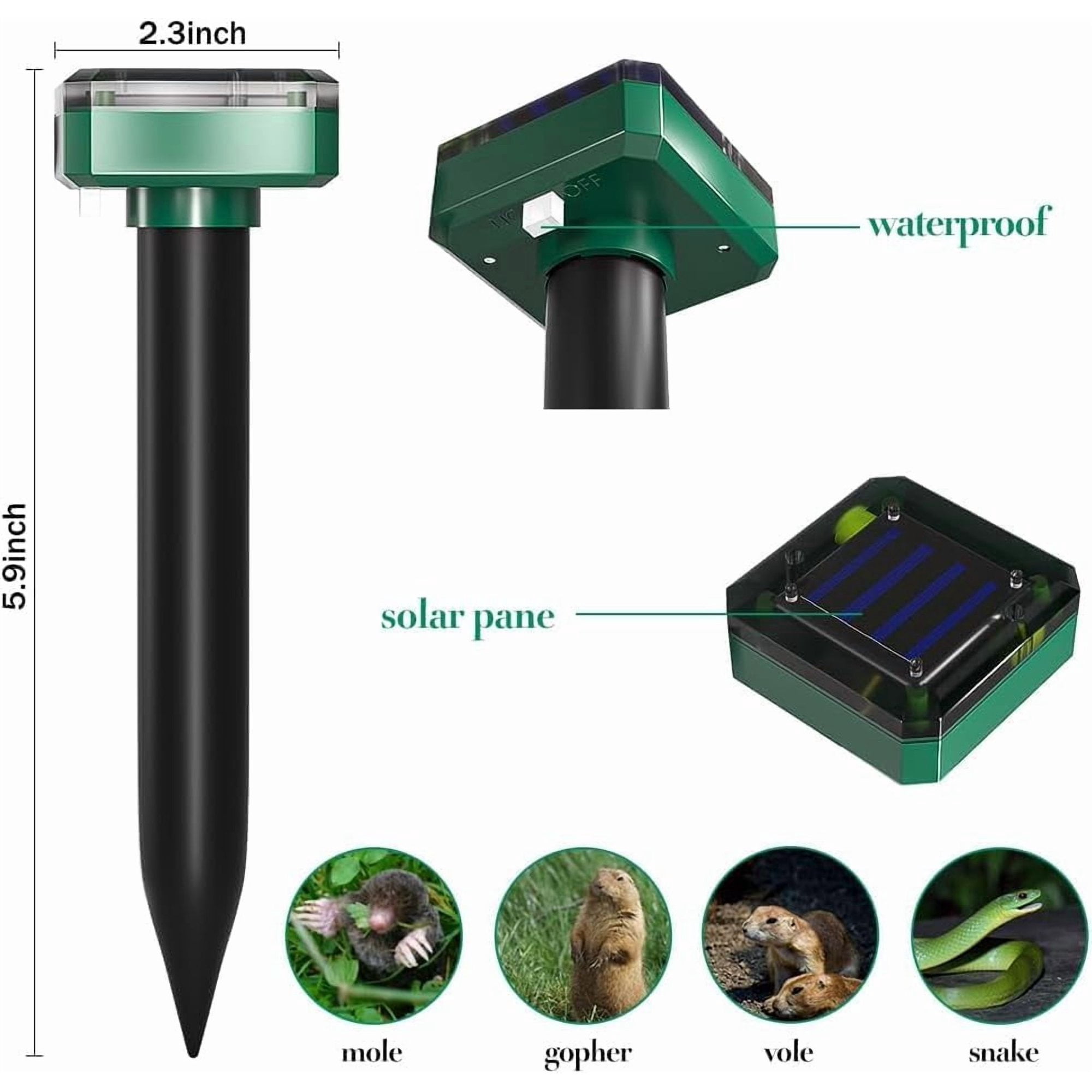 8 Pack Mole Repellent Solar Powered, Ultrasonic Pest Repeller Outdoor for Lawns & Gardens, Chipmunk, Gopher, Snake Deterrent, Deer Repellent Devices, Weatherproof, Dark Green