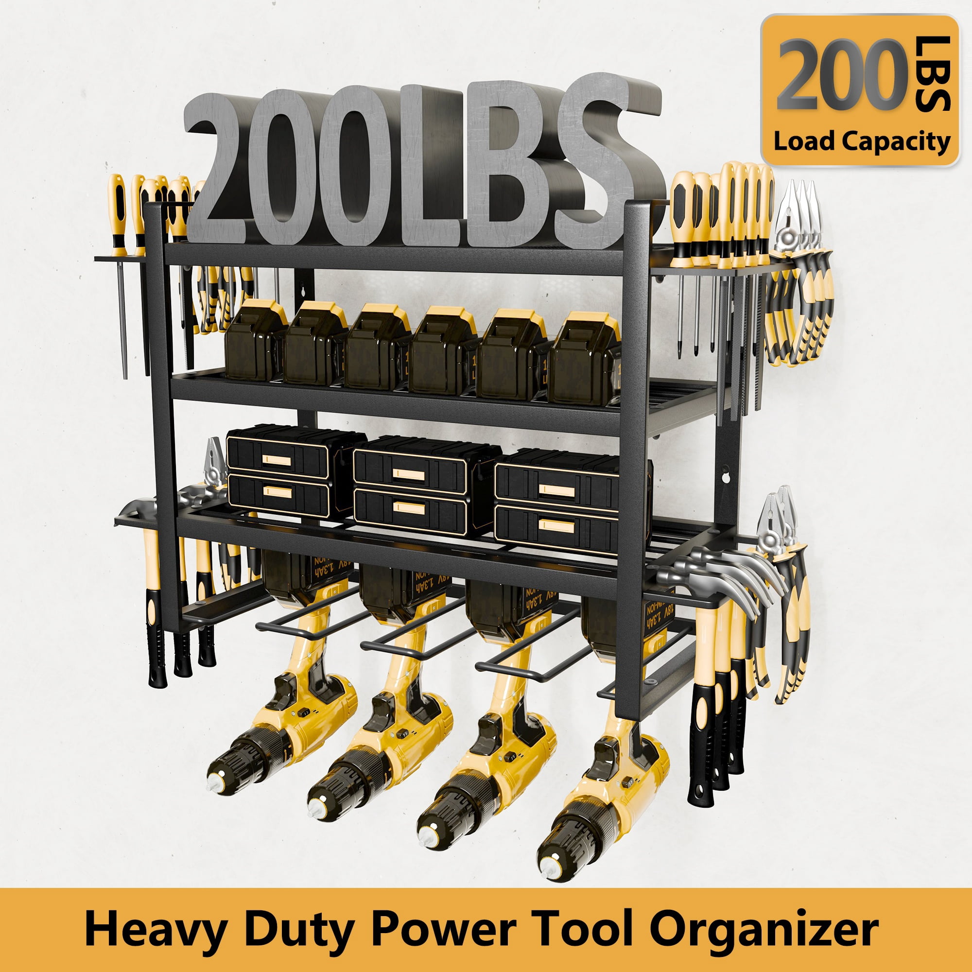 YHGJ Wall Mount Power Tool Organizer 4 Drill Holder, 4 Layer Heavy Duty Metal Power Tool Storage Rack Garage Tool Organizer Utility Tool Shelves with Screwdriver/Plier/Hammer Holder