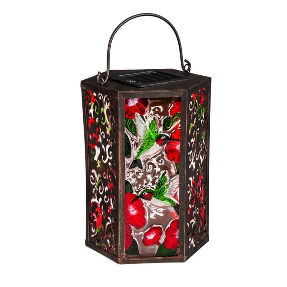 Evergreen Handpainted Embossed Glass and Metal Solar Lantern, Hummingbird and Florals, 5.3'' x 5.9'' x 8.3'' inches.