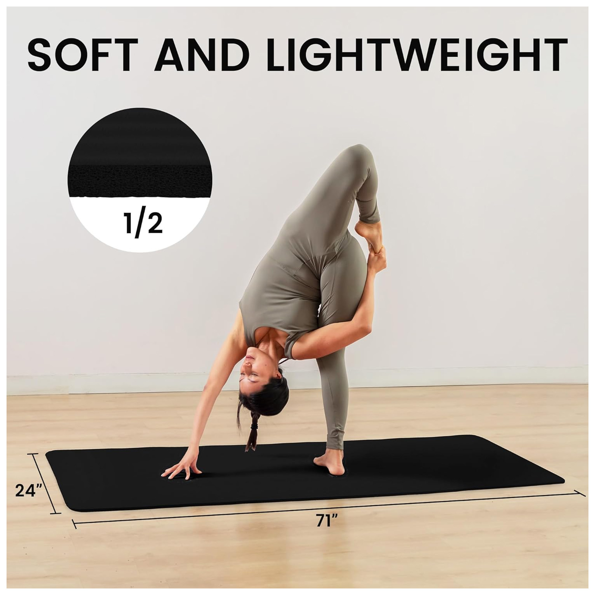 Fitvids 1/2-Inch Thick High Density Exercise Yoga Mat with Carrying Strap, Midnight