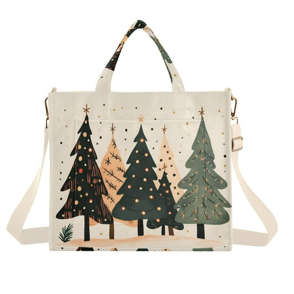 FORMRS Womens Corduroy Tote Bag Crossbody Shoulder Handbag with Pocket, Beige Christmas Trees
