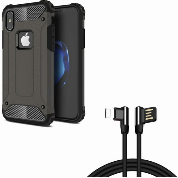 6ft Angle USB Cable w Hybrid Case for iPhone XS/X - Charger Cord Power Wire, Slim Fit Cover Reinforced Bumper
