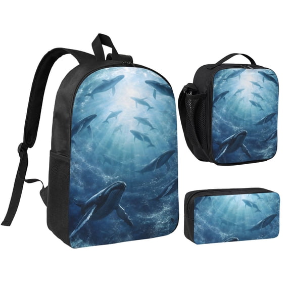 Whale Ocean Life Backpack Set 3pc ,Backpack with Lunch Bag and Bag 17 Inch