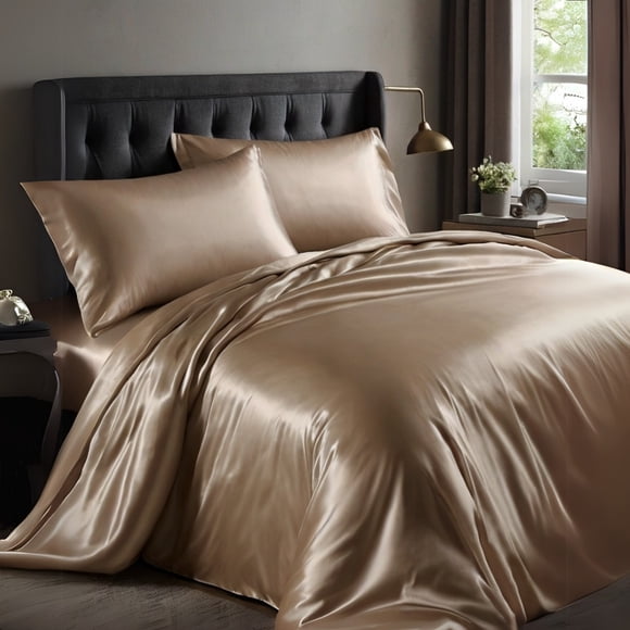 FULL Bed Sheet Set (Flat x1 + Fitted x1 + PC X2) in Elegant colors CHARCOAL GREY & CHAMPAGNE Fabric Luxury Satin 4pc/ Set Clearance Price $25/ set (Sold as pack of 2 Sets - Mix n Match)