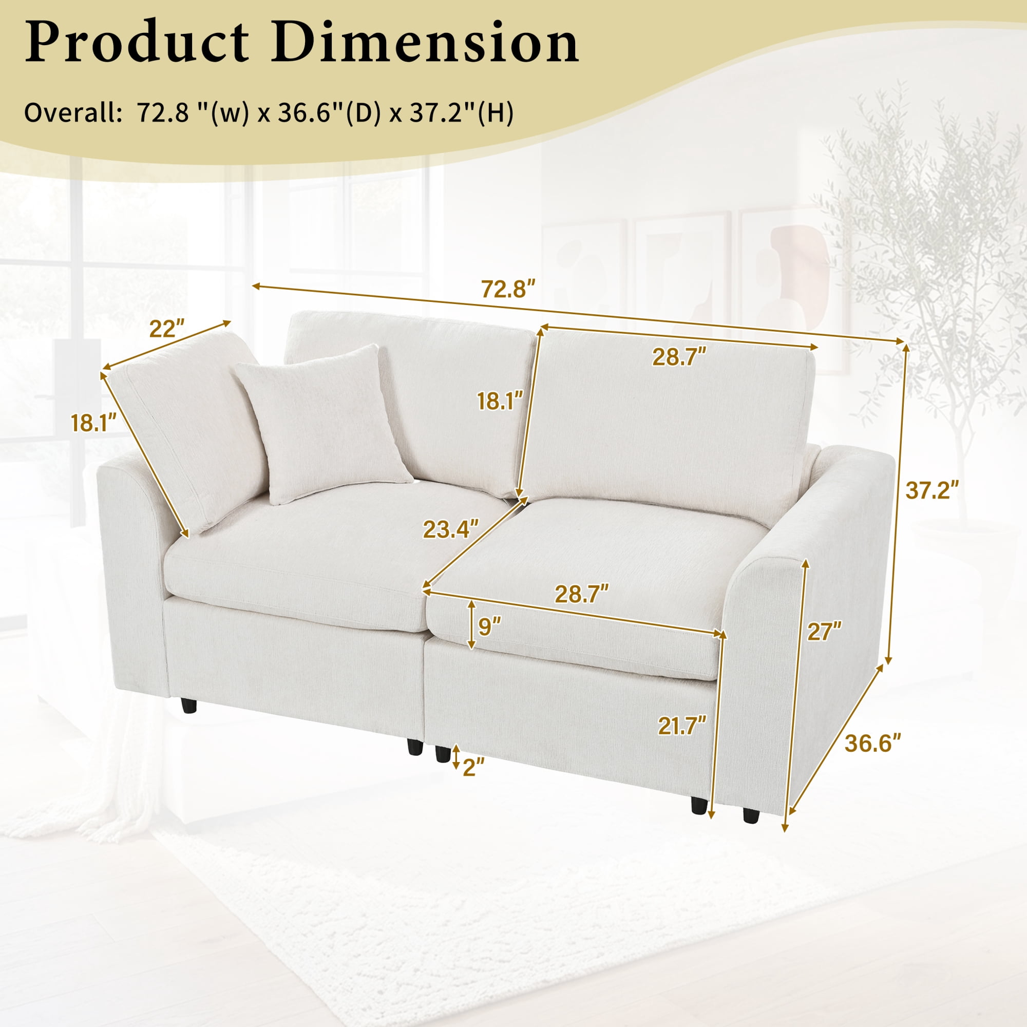 Leumius 72.8" Loveseat Sofa,Chenille Deep Seat Upholstered 2-Seater Sofa Couch with Solid Wood Frame & Accent Pillow for Living Room,Apartment,Bedroom,Beige