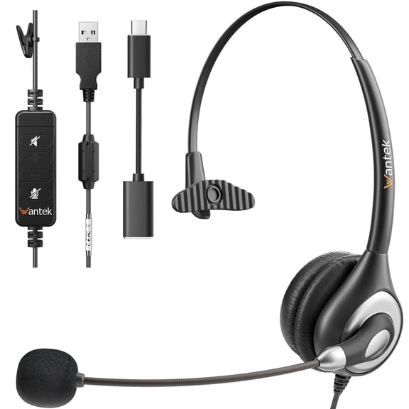 Wantek Wired USB Headset, Stereo Type C Headphones with Noise-Cancelling Microphone, In-Line Controls, PC/Mac/Laptop, Black