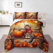 Manfei Kawaii Kitten Bedding Comforter Set,Hello Fall Twin Comforter Sets,Autumn Harvest Pumpkin Orange Maples Bedding Set For Teens,Breathable Home Decor Reversible,2-Piece