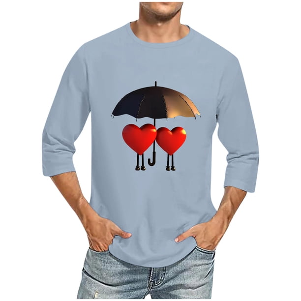 Camisas de Manga Larga para los Hombres Día de San Valentín Impresión Cuello Redondo Moda Casual, Mezcla de Poliéster de Lino de Algodón para Primavera Verano