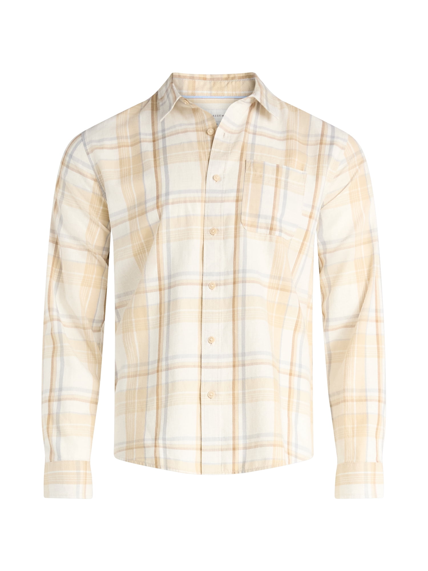 Free Assembly Men's Brushed Cotton Twill Button Front Shirt with Long Sleeves, Sizes XS-3XL