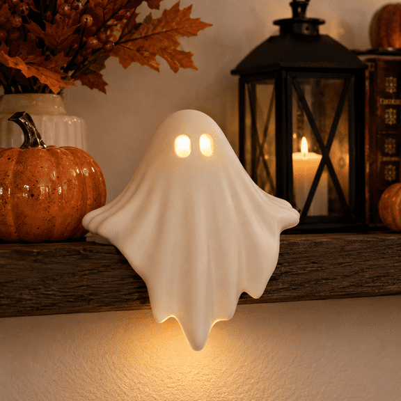 Halloween White Ghost LED Lamp, 3.15 in Resin Edge Hugger Ghost Figurine with Warm Yellow Glowing Eyes for Tabletop Mantel Shelf Spooky Decor