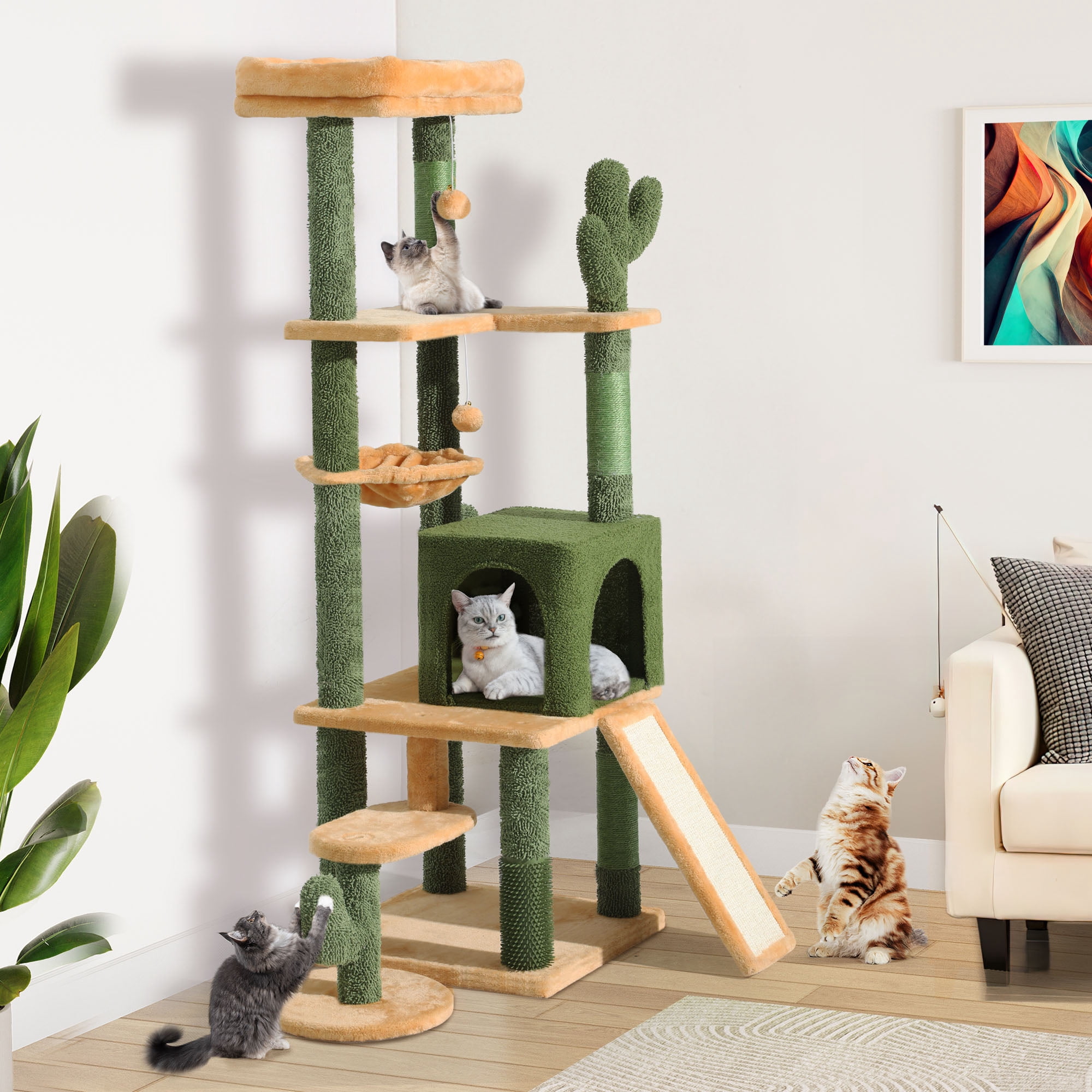 Uforic 60" Cactus Cat Tree Tower, Multi-Level Cat Tree House with Scratching Post, Ladder & Pompom Balls, Green&Yellow
