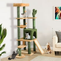Uforic 60" Cactus Cat Tree Tower, Multi-Level House with Scratching Post & Pompom Balls, Green & Yellow