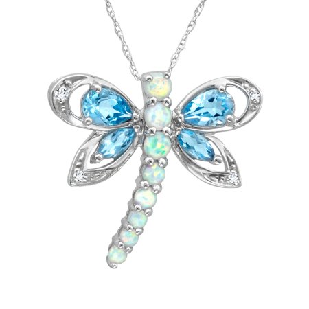1 3/4 ct Natural Blue Topaz and Created Opal Dragonfly Pendant Necklace with Diamonds in 10kt White Gold, 18