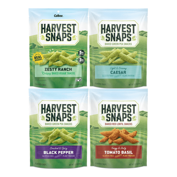 Variety Pack Veggie Chips - 4 Flavor Assortment: Caesar, Zesty Ranch, Black Pepper, Tomato Basil - Healthy Gluten-Free Snacks, Low-Calorie, High Fiber, Plant-Based - Harvest Snaps, 4 Pack