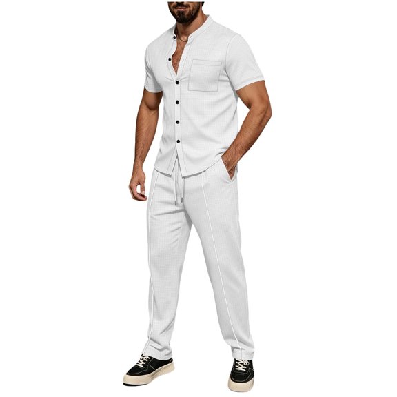 StSilkitty Mens 2 Piece Set Short Sleeve Button down Shirts and Pants Outfits Summer Lightweight Soft Casual Sets